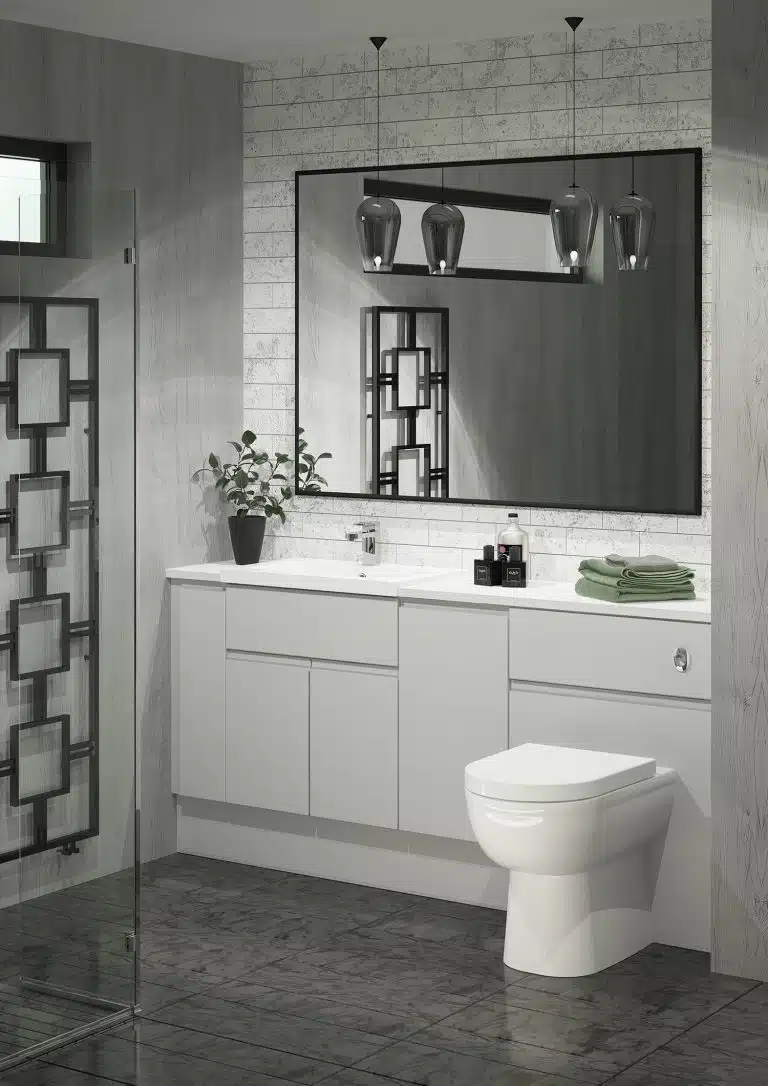 Fitted Pearl Grey Bathroom J-PULL Doors and Drawers